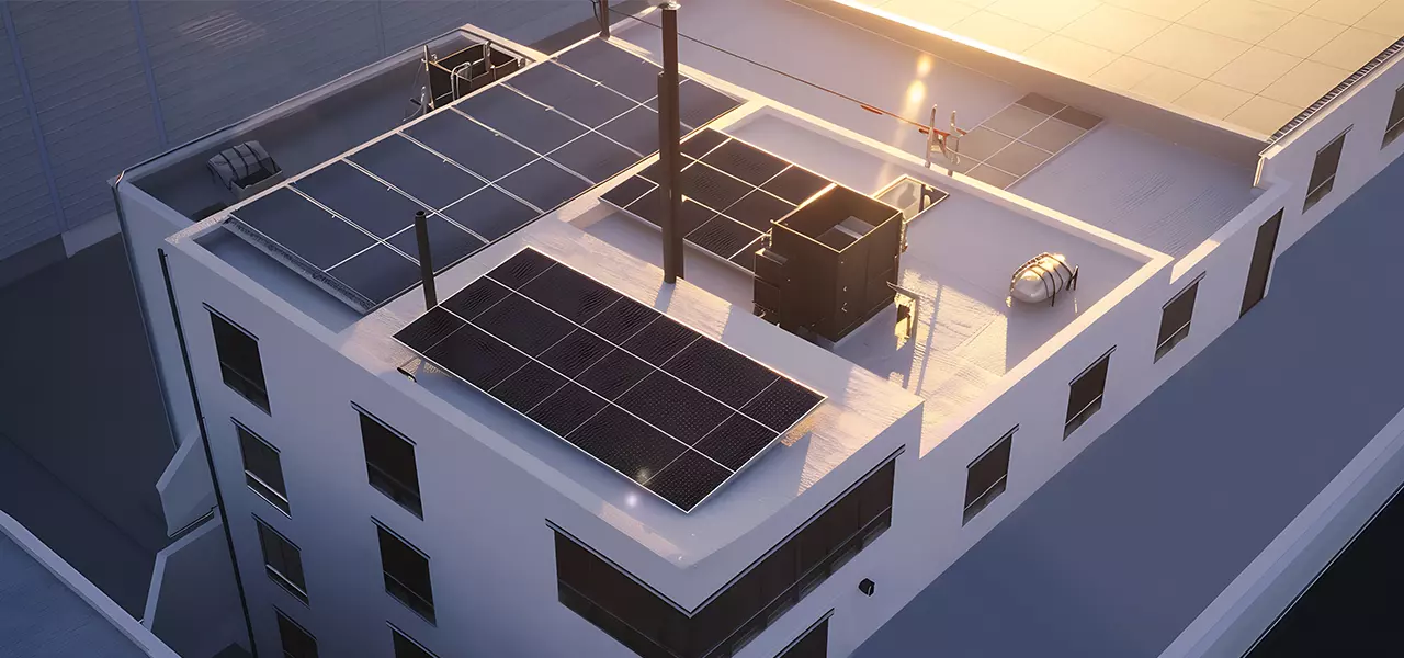 Flachdach eines Geb&auml;udes mit Photovoltaikmodulen und heller, reflektierender Dachbeschichtung