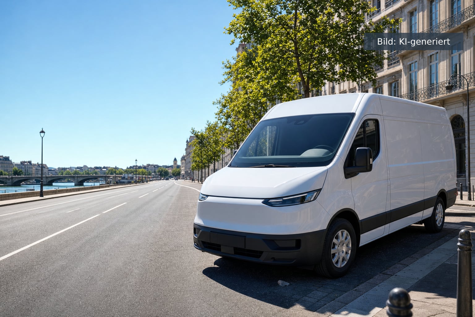 Wei&szlig;er Elektro-Transporter an einem sonnigen Sommertag
