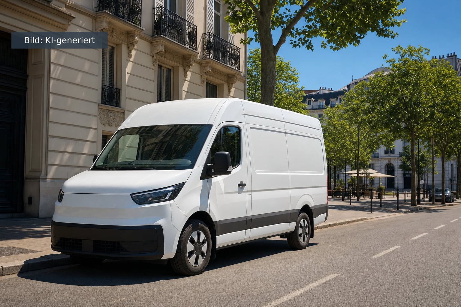 Weißer Elektro-Transporter an einer sonnigen Stadtstraße im Sommer (Symbolbild, KI-generiert)